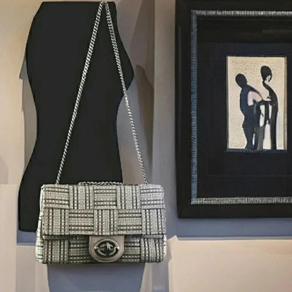 Vintage Shoulder Handbag Italy Nylon Chic Matellic Weave Silver Chain